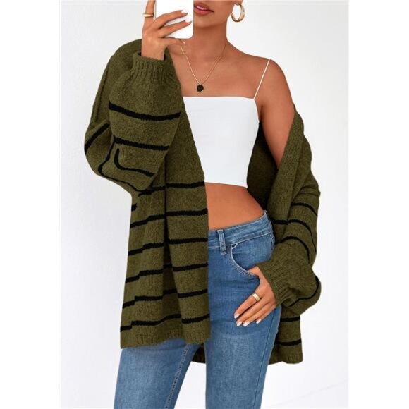 Womens Oversized Cardigan Sweaters Striped Army Green - Picture 5 of 6